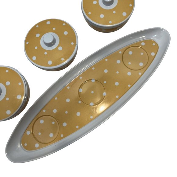 Yellow & White Polka Dot Condiment Set With 3 Lidded Bowls & Tray - Picture 7 of 11
